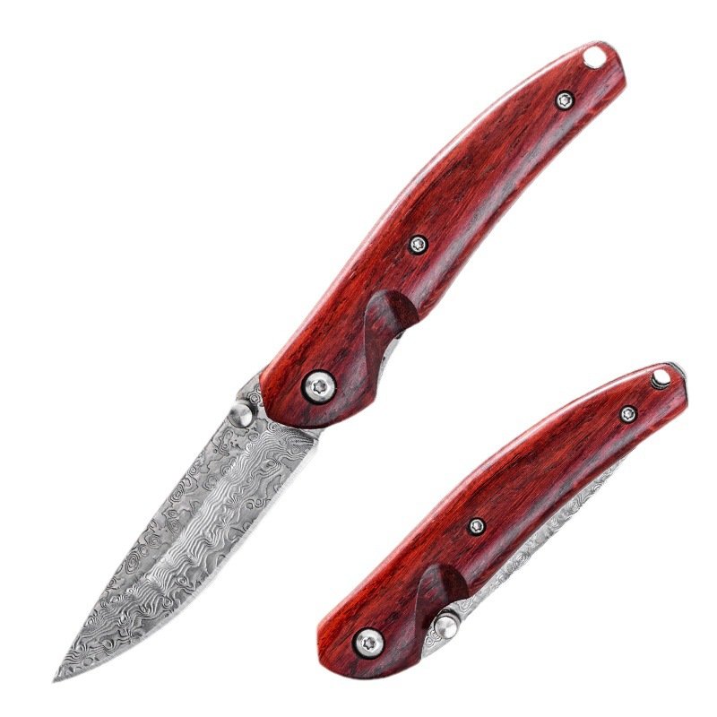 He sells a Damascus steel folder, a field camping knife and a fruit cutter, and he goes out with it for a life