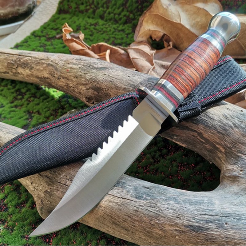 The camper eats a meat knife, a multipurpose field knife, and a multipurpose knife to climb the mountain