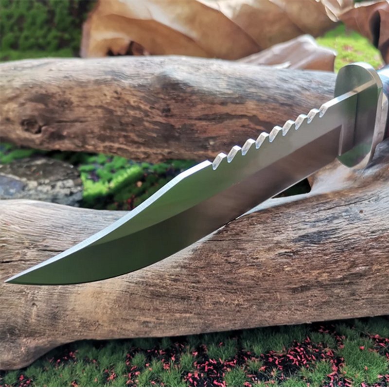 The camper eats a meat knife, a multipurpose field knife, and a multipurpose knife to climb the mountain