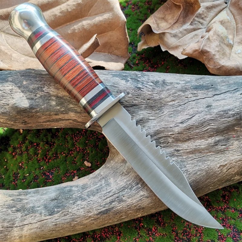 The camper eats a meat knife, a multipurpose field knife, and a multipurpose knife to climb the mountain