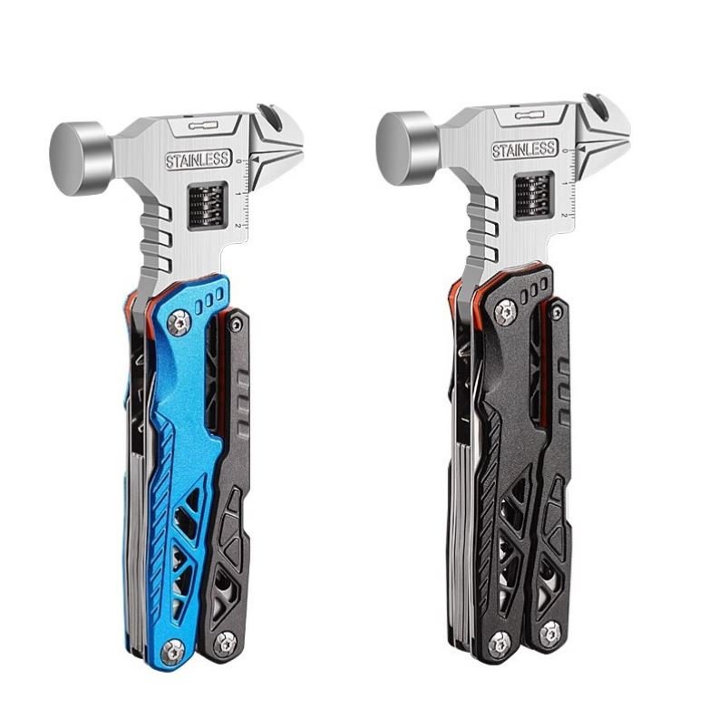 An outdoor multi-purpose wrench hammer folds up a self-defense knife with a window breaker on a field vehicle