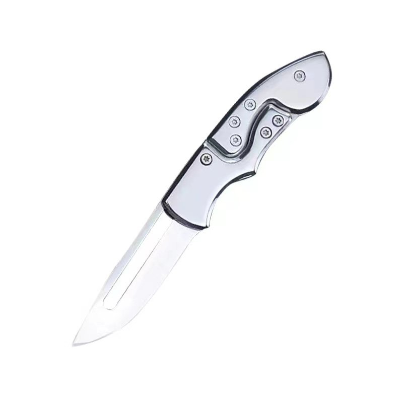 A silver knife folds, so it's easy to carry a delivery of fruit