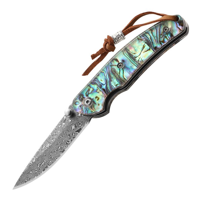 A folding knife, a Damascus steel-coloured shell, a knife with a small knife, and a small knife for the camp's defence