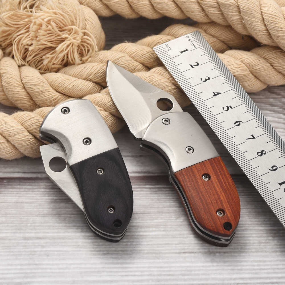 A small, fat knife outside, a small, camping knife with a multifunctional folding knife, and a fruit knife to open a delivery knife