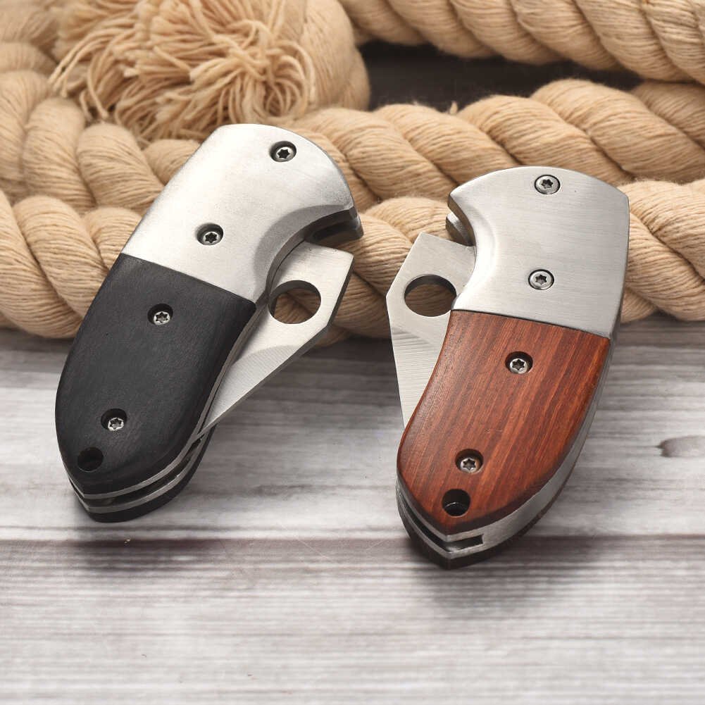 A small, fat knife outside, a small, camping knife with a multifunctional folding knife, and a fruit knife to open a delivery knife