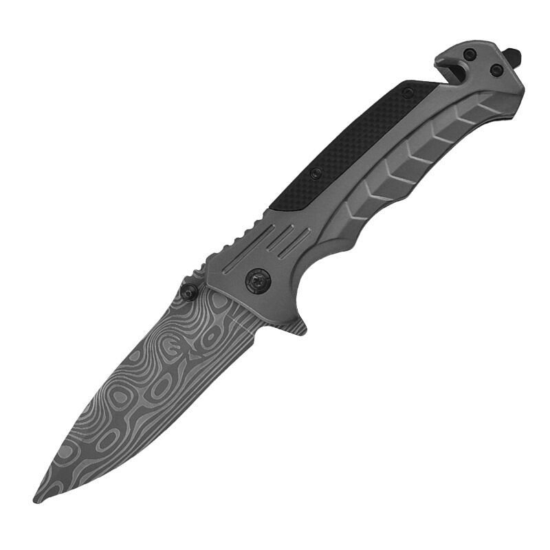Damascus tattooed weapons, a folding knife and a knife with a camper to climb the mountain with a fruit knife