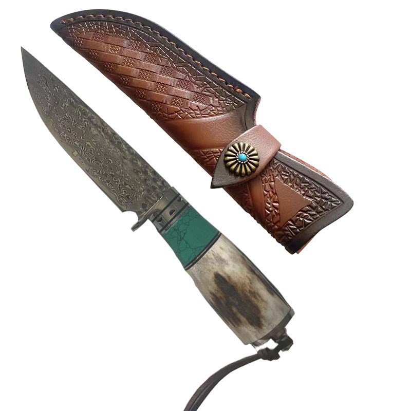 DAMASCUS STEEL OUTSIDERS HANDED A KNIFE WITH A SMALL KNIFE, A FRUIT KNIFE, A HAND KNIFE, A FIELD KNIFE