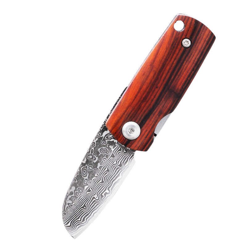 a hand-made damascus steel folding knife, a mini-dedc emergency folding knife with a collection of knives
