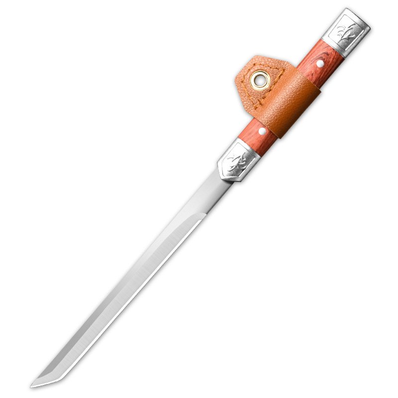 A hand-made multi-purpose knife, a fruit knife outside the camp, carries a sharp, straight knife with a high-string knife