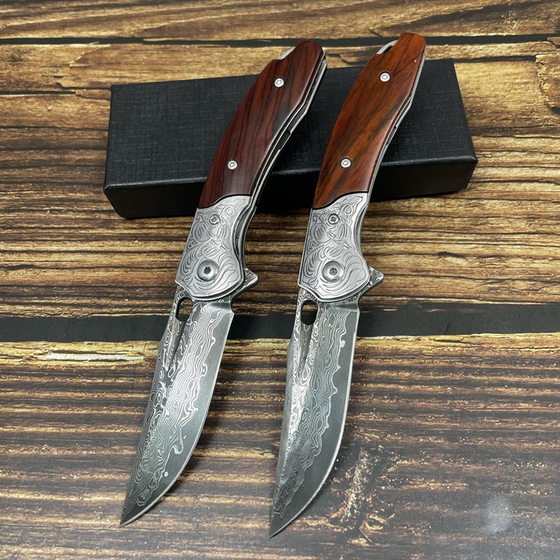Damascus steel folding knife outside, with a sharp edge, camping knife, with a fruit knife