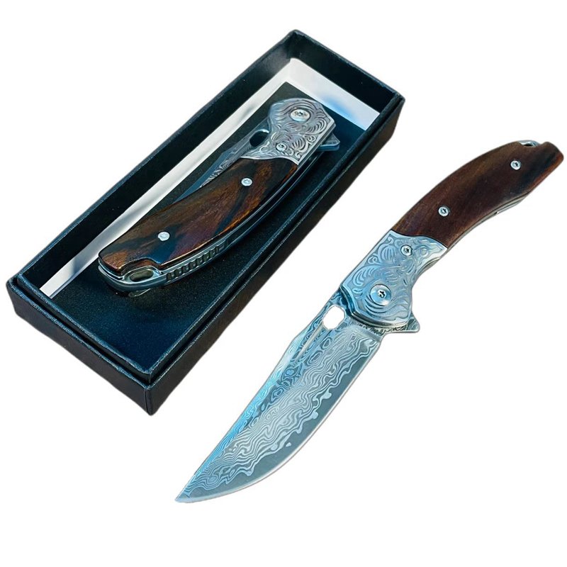 Damascus steel folding knife outside, with a sharp edge, camping knife, with a fruit knife