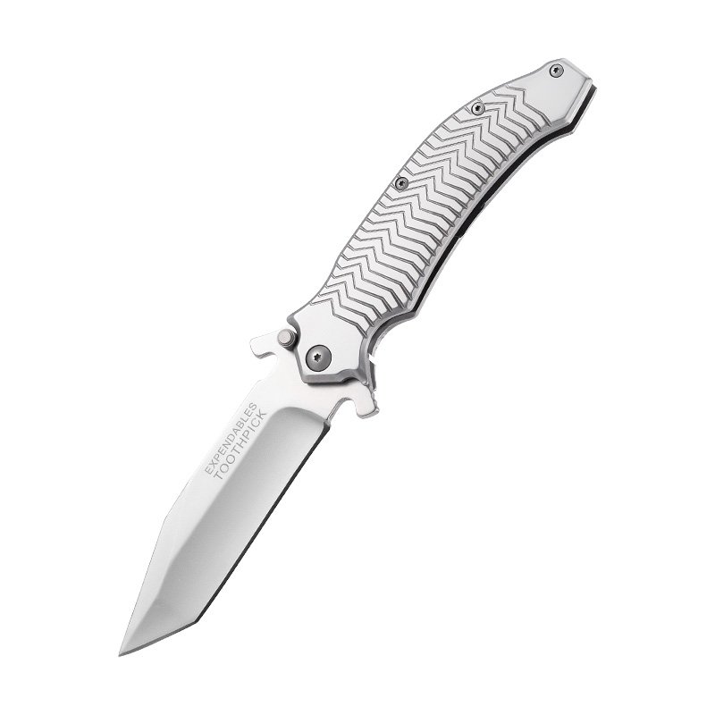 Outside of the house, a knife with a folding knife, and a chest full of steel and heavy blades