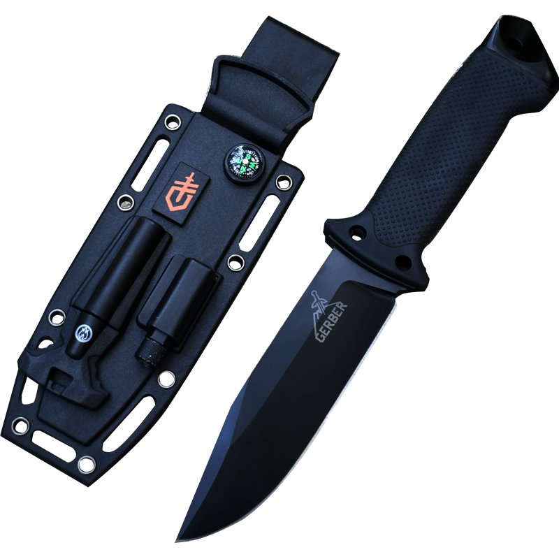 Bell's multi-purpose exterior knife carries field survival equipment with one steel at a height