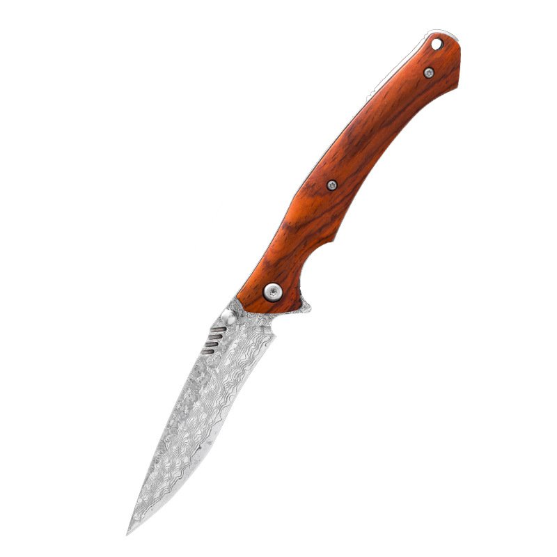 The sniper, hand-held Damascus steel folding knife outside the house, took his body-protected knife and camped it with it