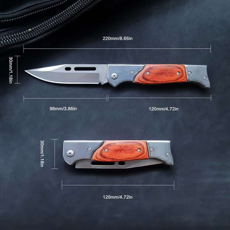 A small knife on the outside and a guacamole on the field, and a sharp folding of the knife, a bag of fruit and a field knife