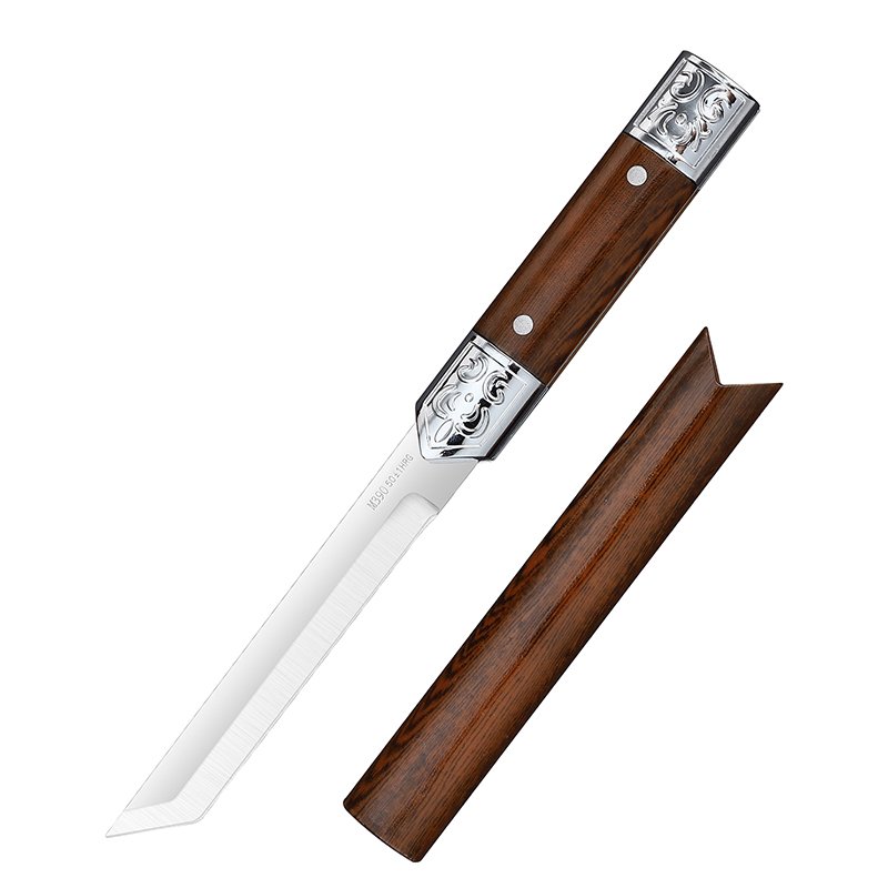 A fruit knife home with a multipurpose stainless steel and a straight knife to eat meat by hand
