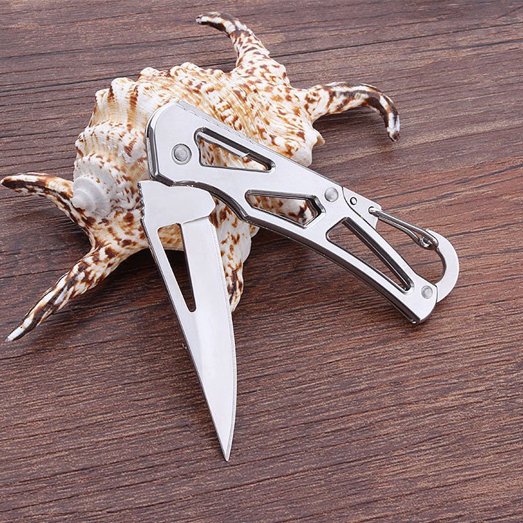 An open-air stainless steel folding knife, a mini-key knife, a field knife and a fruit knife
