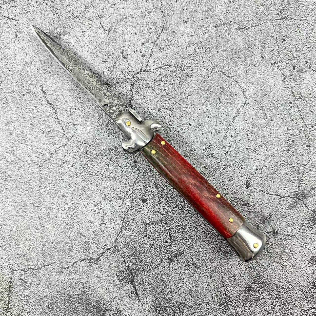 AKC WOOD HANDLED DAMASCUS STEEL FOLDING KNIFE, EDC SURVIVAL KNIFE, CAMPING FIELD KNIFE, SMALL DEFENSIVE MILITARY KNIFE