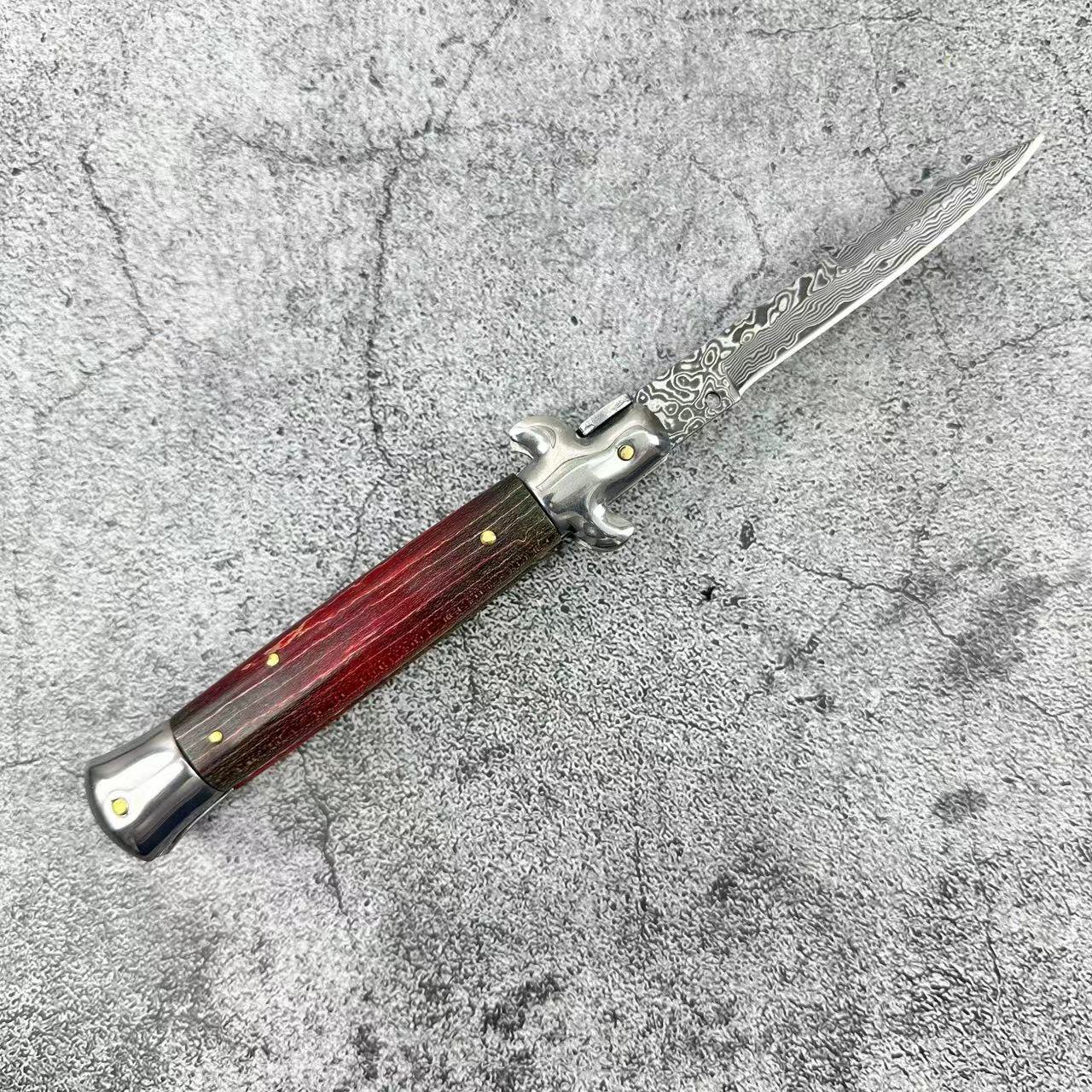 AKC WOOD HANDLED DAMASCUS STEEL FOLDING KNIFE, EDC SURVIVAL KNIFE, CAMPING FIELD KNIFE, SMALL DEFENSIVE MILITARY KNIFE