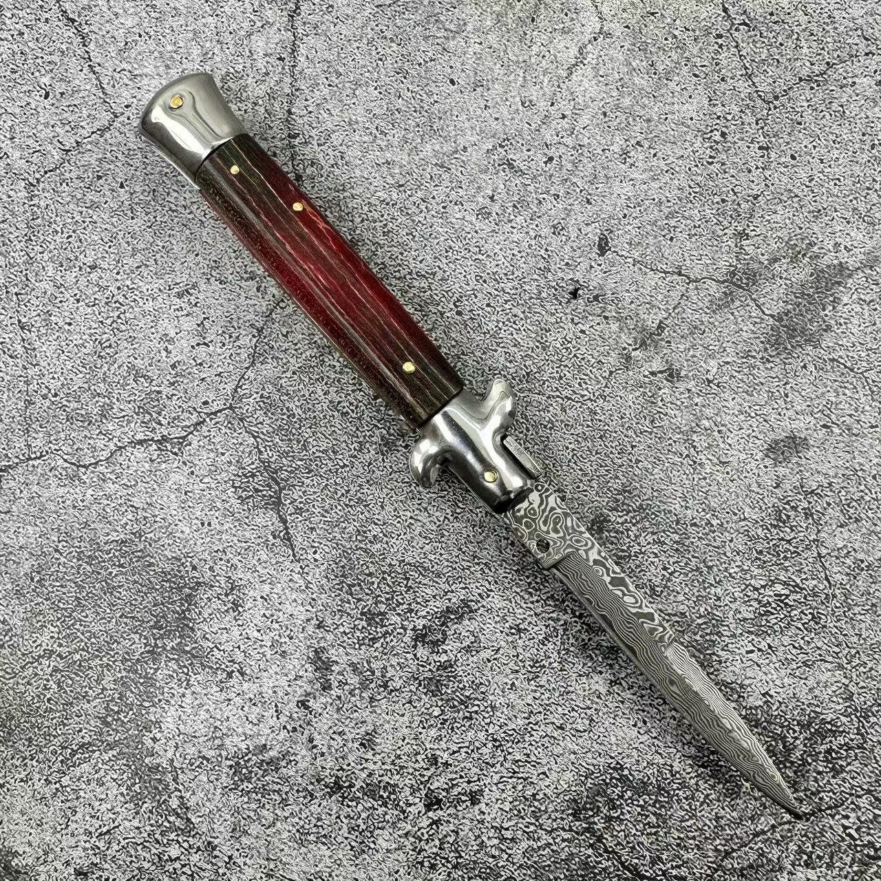 AKC WOOD HANDLED DAMASCUS STEEL FOLDING KNIFE, EDC SURVIVAL KNIFE, CAMPING FIELD KNIFE, SMALL DEFENSIVE MILITARY KNIFE