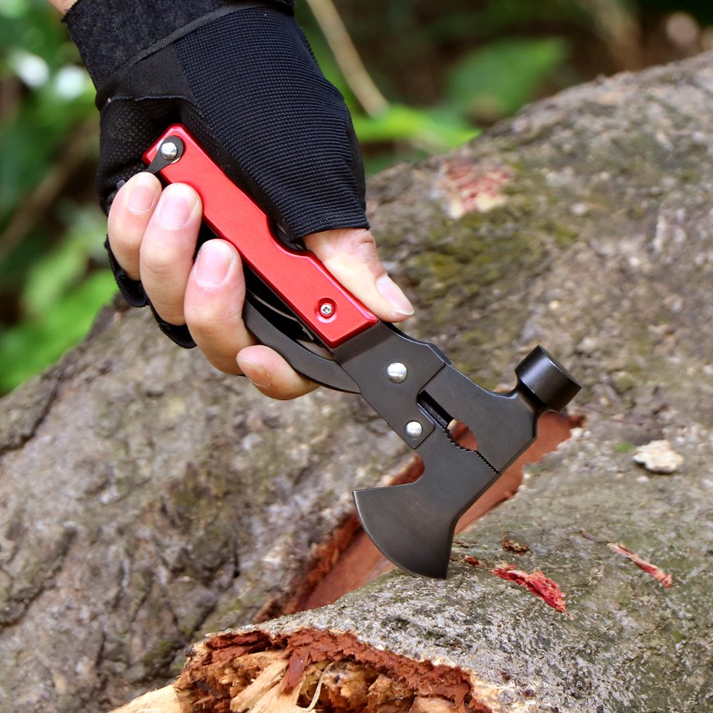 Outdoors with multi-purpose ax hammer camping emergency folding tool, handcracker for survival