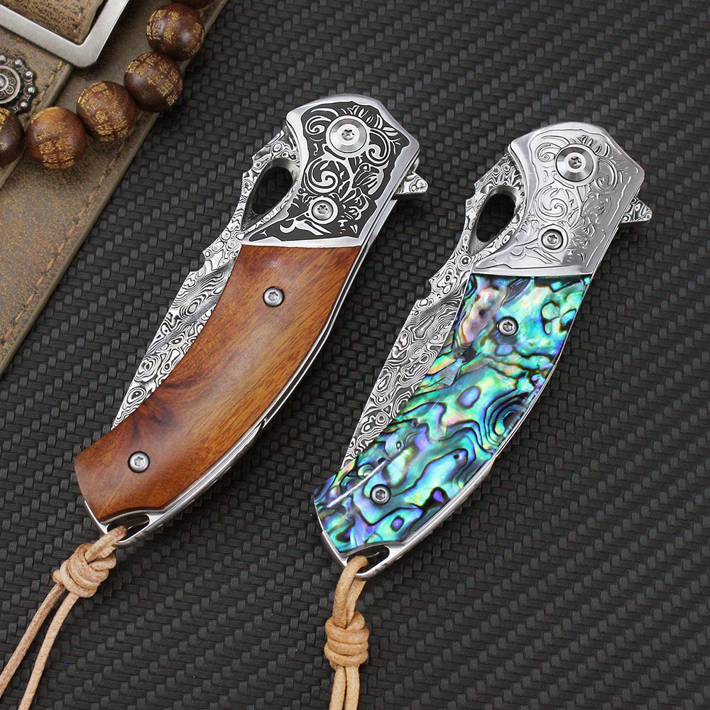 Damascus's folding blades of steel-grained field camp with a knife and a life knife