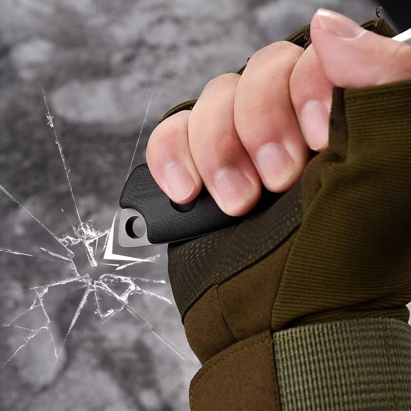 An open camper with a sharp window-breaker and a multi-purpose camper with a defensive knife