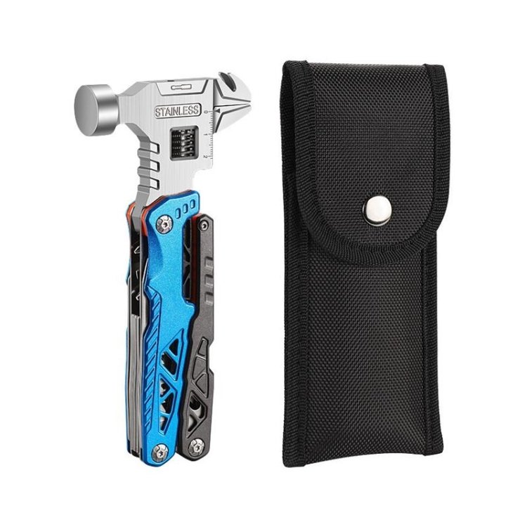 An outdoor multi-purpose wrench hammer and a folding knife saw a field camper with a broken window and an emergency combination tool
