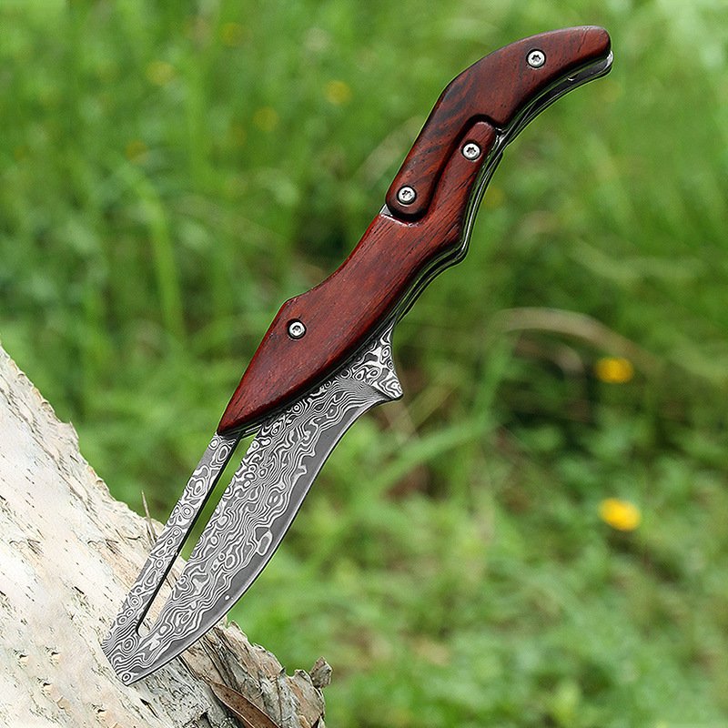 A mechanical folding knife, a high-intensity outdoor knife from Damascus, followed by a field knife and a fruit knife for a camping tool