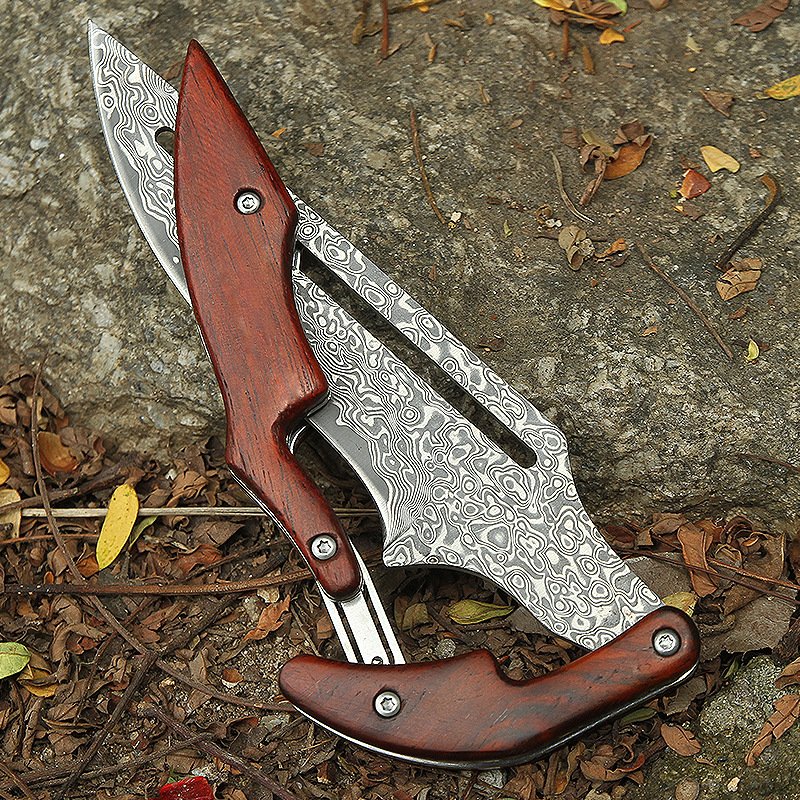 A mechanical folding knife, a high-intensity outdoor knife from Damascus, followed by a field knife and a fruit knife for a camping tool