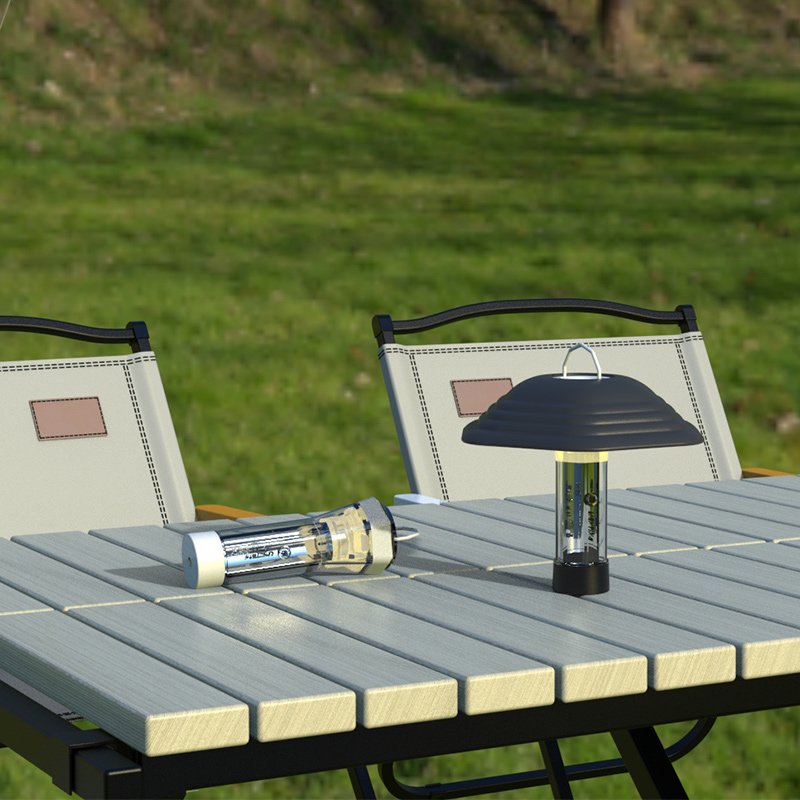 Outdoor camp lights are charged, camp tents are lighted and camp lights are out