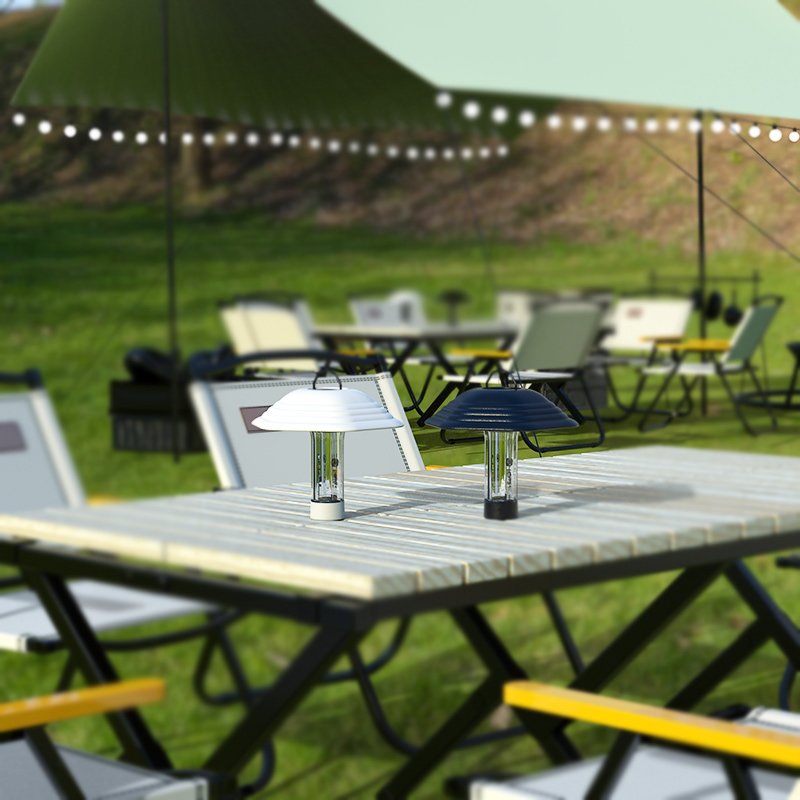 Outdoor camp lights are charged, camp tents are lighted and camp lights are out