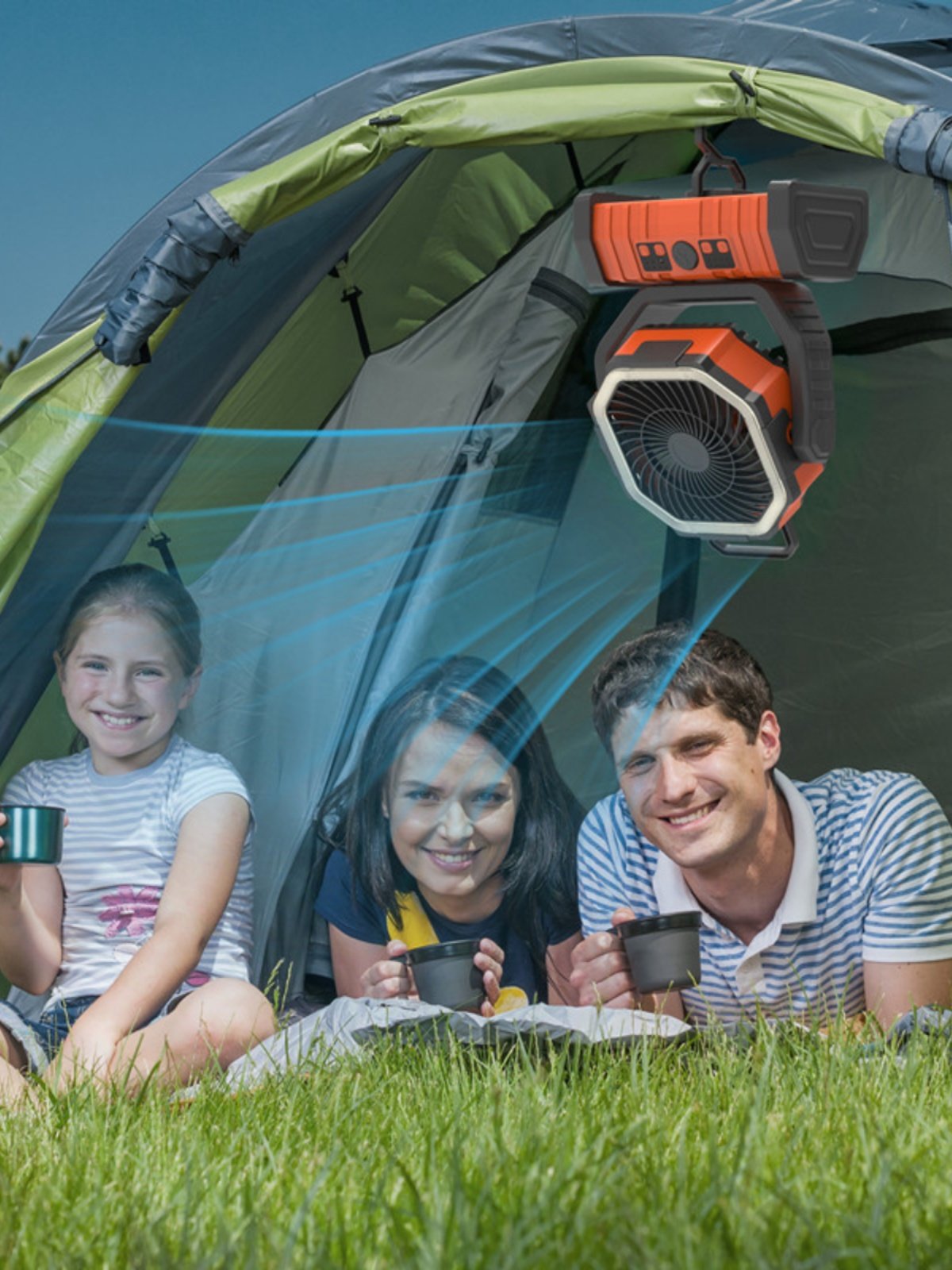 A new outdoor camping fan with a light can be remotely linked to a large mobile power source home picnic