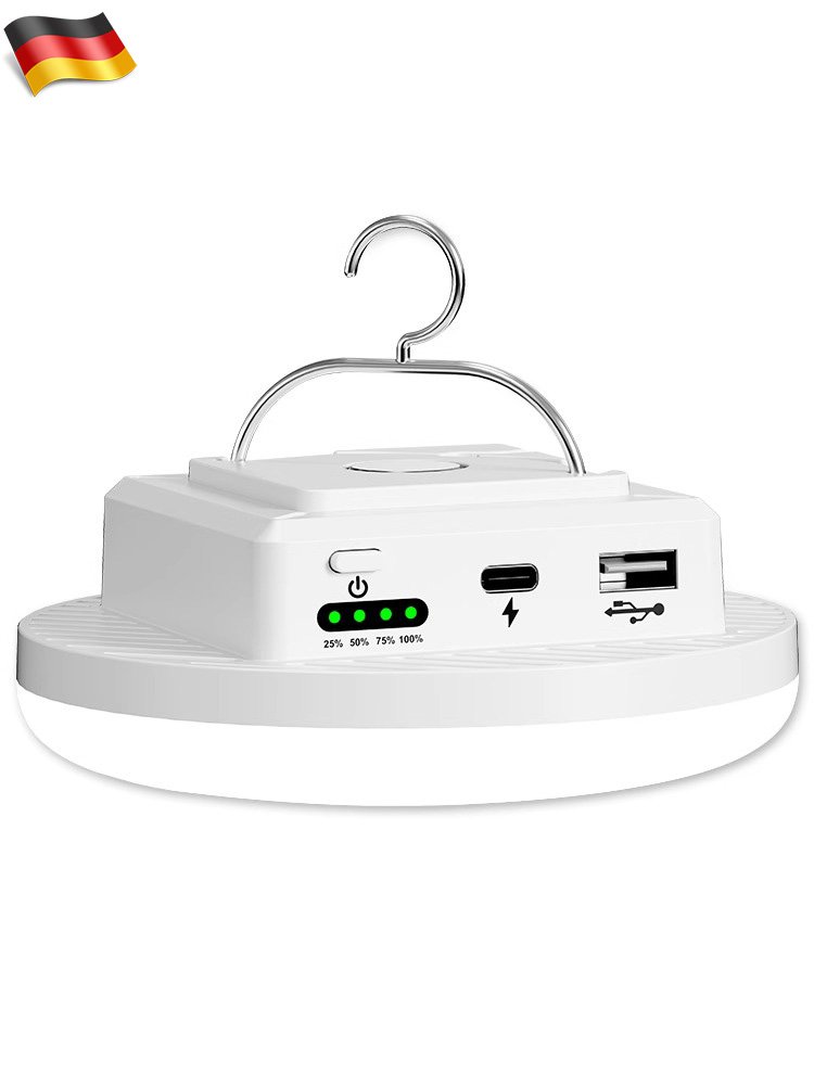 The German camping light is on a stand with an emergency charge light from the skylight tent outside the nightlight