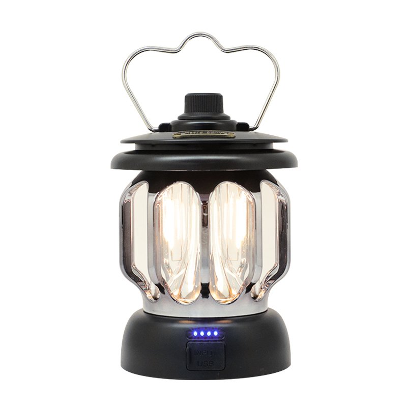 Outdoor camp lights charged with hand-held camplights and a decorative atmosphere light restored to the Gudo-functional camp lights