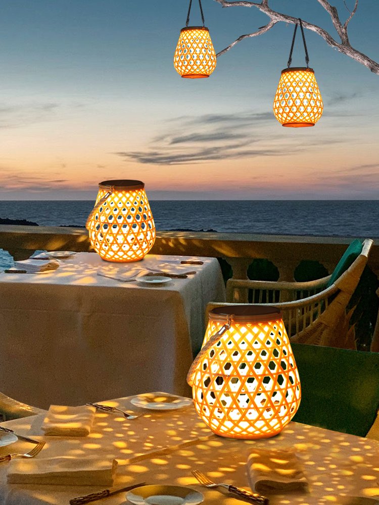 A Chinese outdoor lamp with a hand-held table-top garden in the solar courtyard