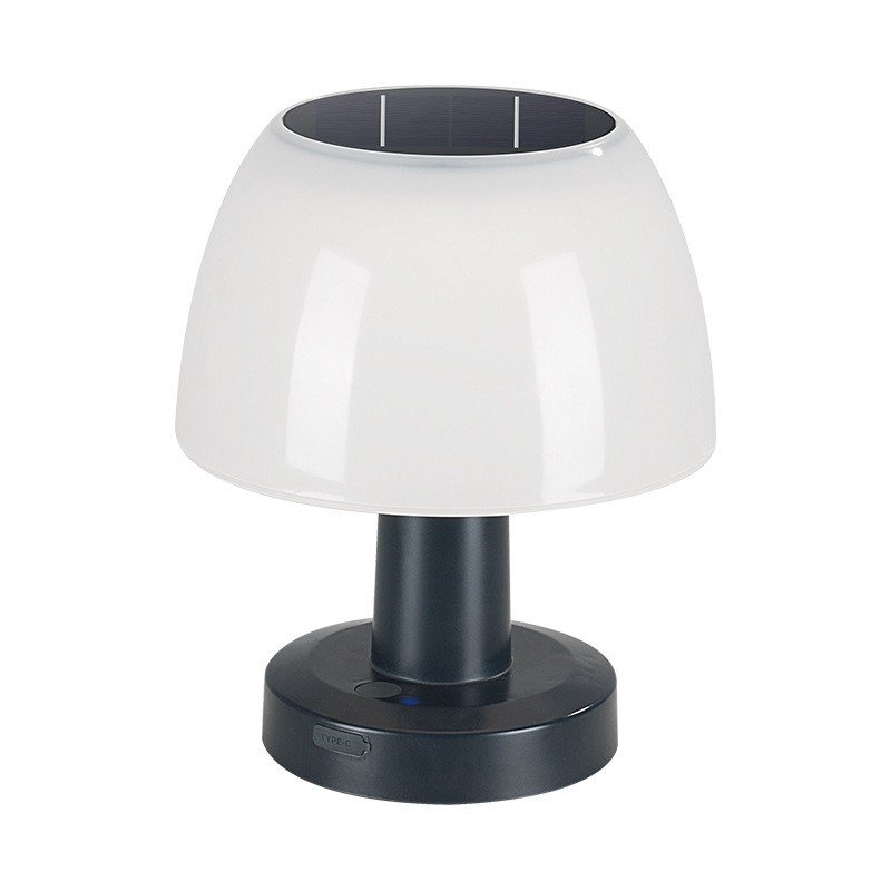 Camplights on the outdoors, solar panels on the courtyard. Desktop light campers charge light