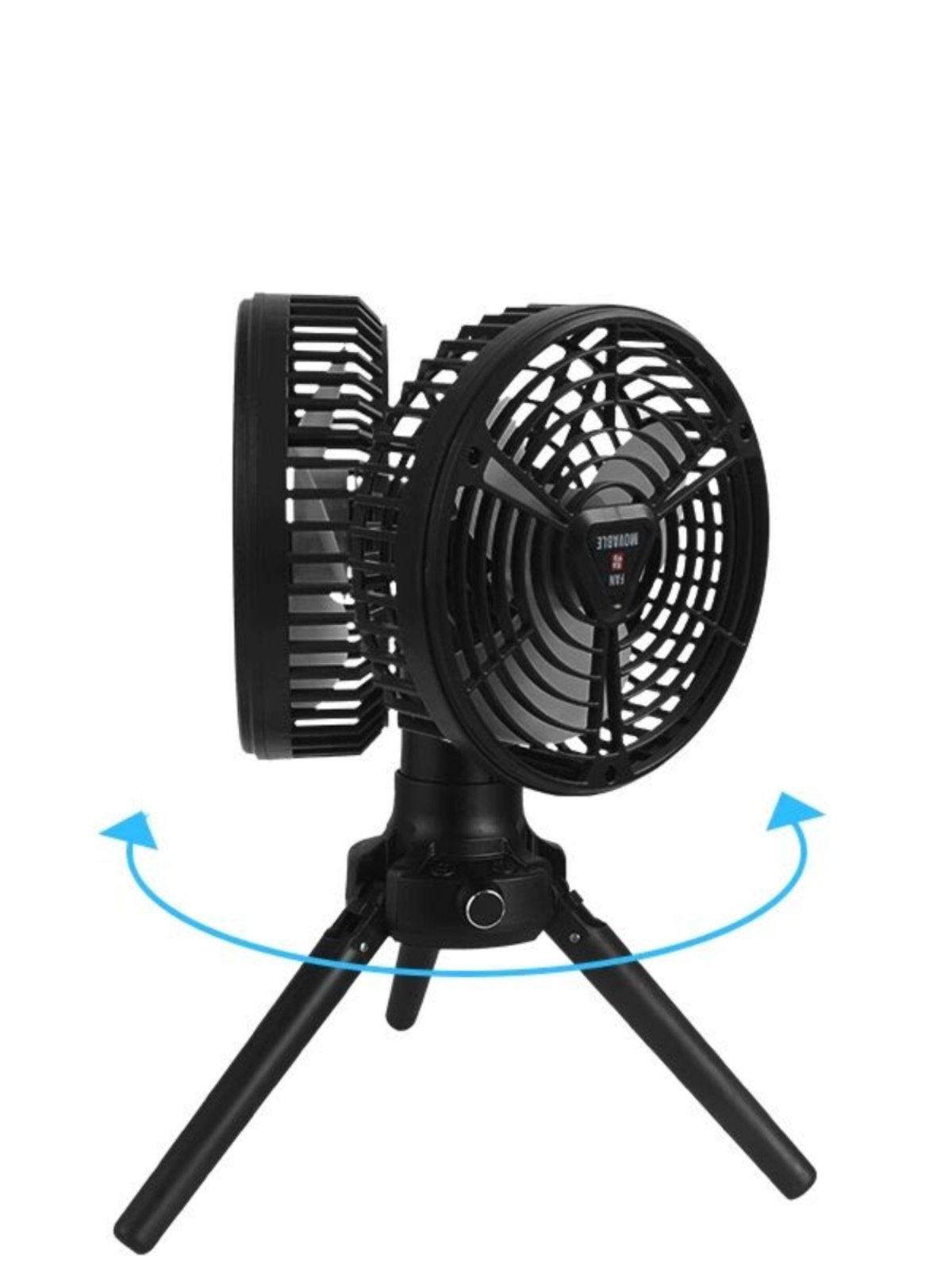 AN OUTDOOR FAN CAMPER WITH A USB TENT LIGHT, MULTIPURPOSE CAMP TRIANGLE FAN
