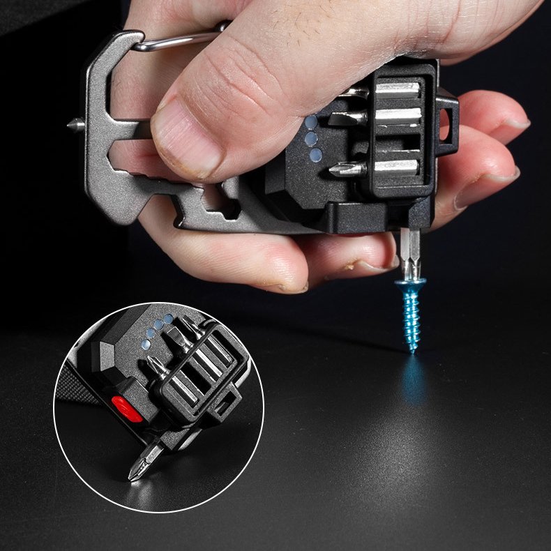 a multi-purpose light, a mini-light key button to the light, and a small flashlight outside