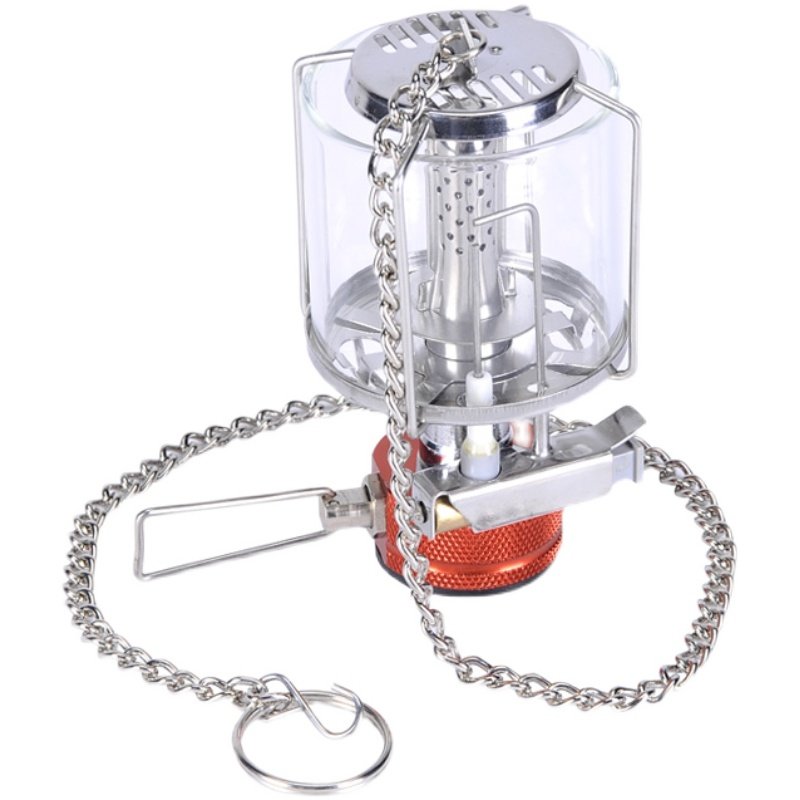 Camping camper with camping equipment to heat high-lighted gas lamps