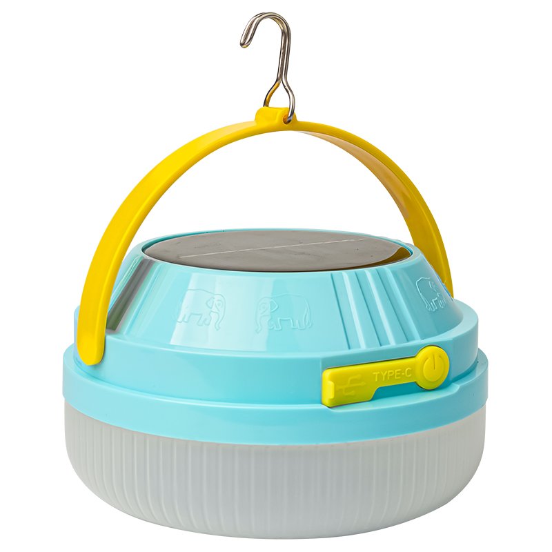 Solar outdoor camping lights with tent-mounted camper-charged emergency lighting plaque