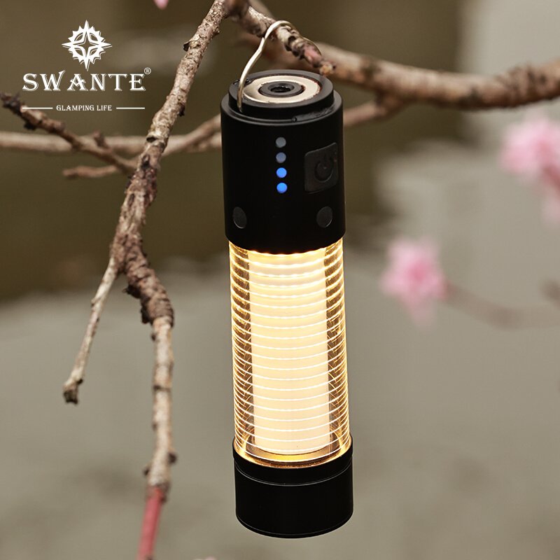 An outdoor camp with a multi-purpose camp light with a long, extended camp light, an atmosphere of 18650