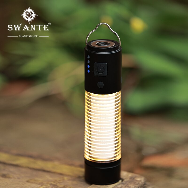 An outdoor camp with a multi-purpose camp light with a long, extended camp light, an atmosphere of 18650