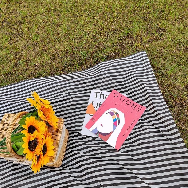a striped picnic on a beach with a waterproof, sand-proof, open-sea-side camping pavilion with a tablecloth