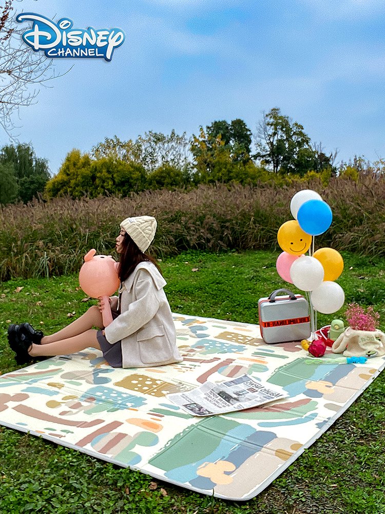 Folded picnic mats with hot mats and a camping camper, spring picnic