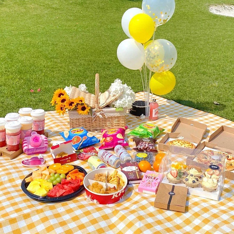 A picnic mat with a thick outdoor camping picnic and a picnic cloth for a spring trip