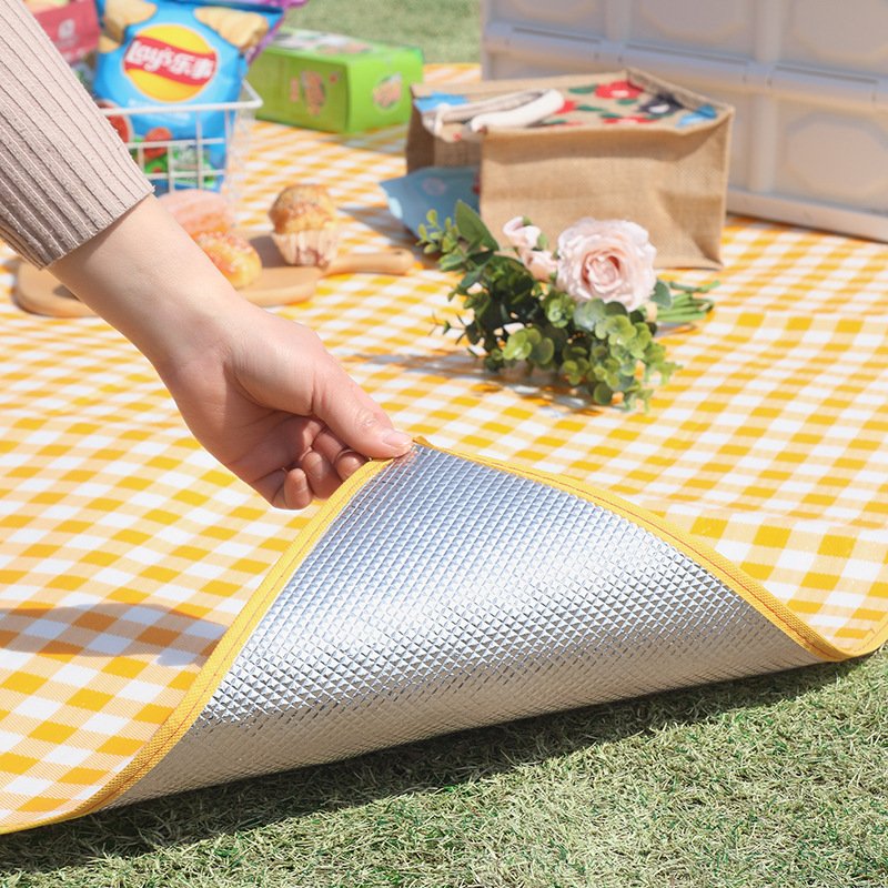 A picnic mat outside the hiking and leisure park with a thicker seat and a field cooker camping tent