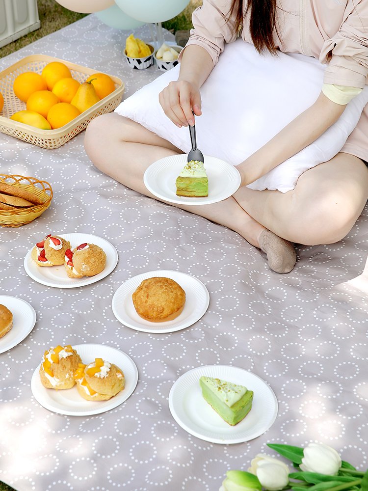 A picnic mat, a damp and grass-painted camp outside the park, carries a sand-paste