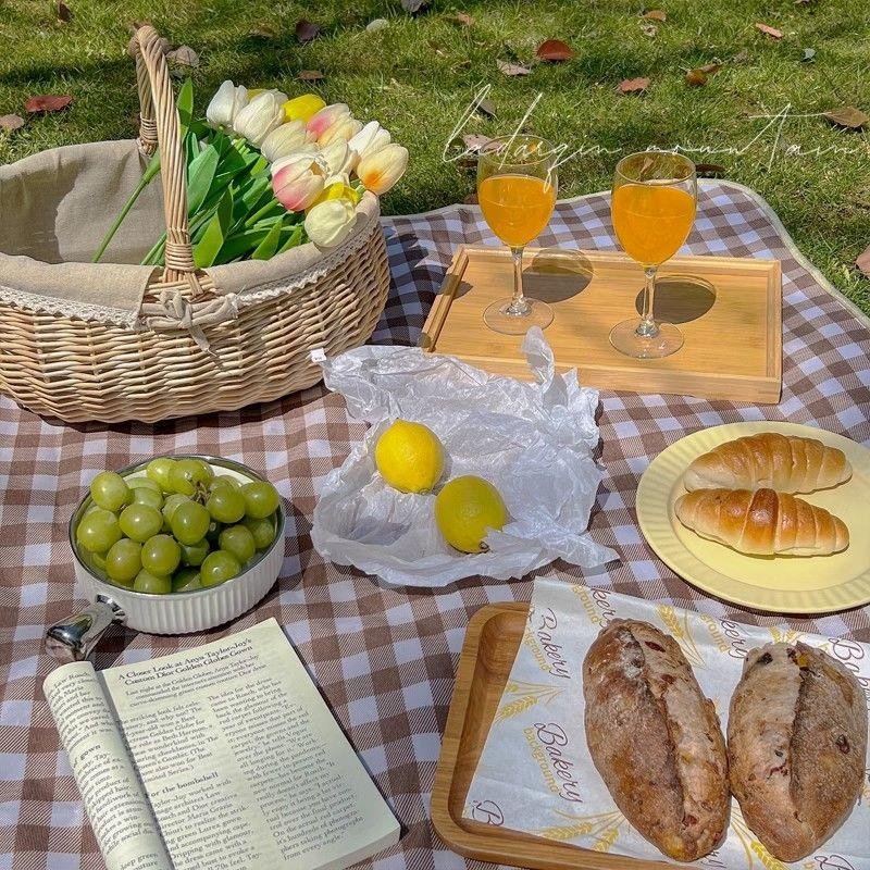 Outdoor picnic pads with water and portable outdoor picnic pads on the lawn and tidal beach