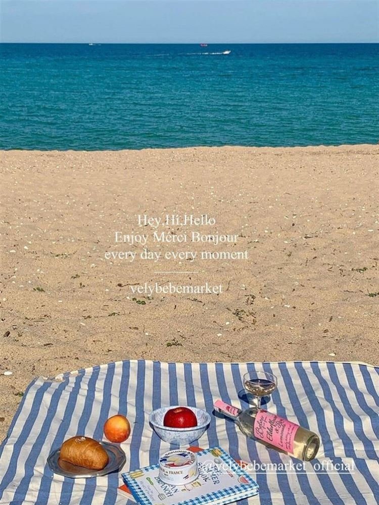 a striped picnic on a beach with a waterproof, sand-proof, open-sea-side camping pavilion with a tablecloth